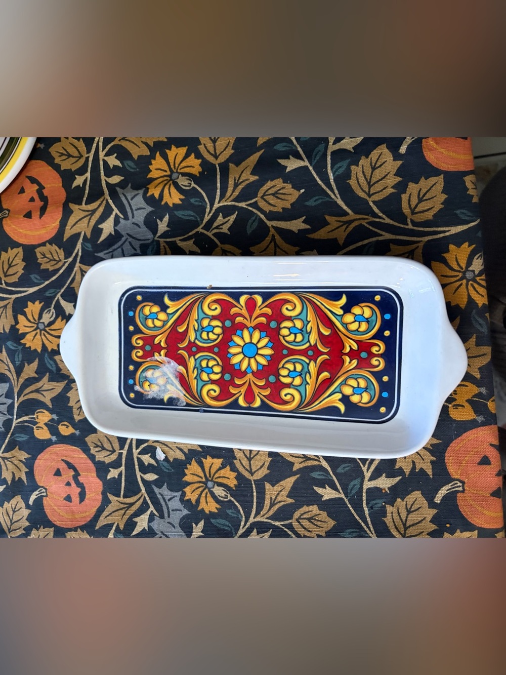 Decorative Ceramic Vanity Tray with Red, Blue & Gold Floral Motif
